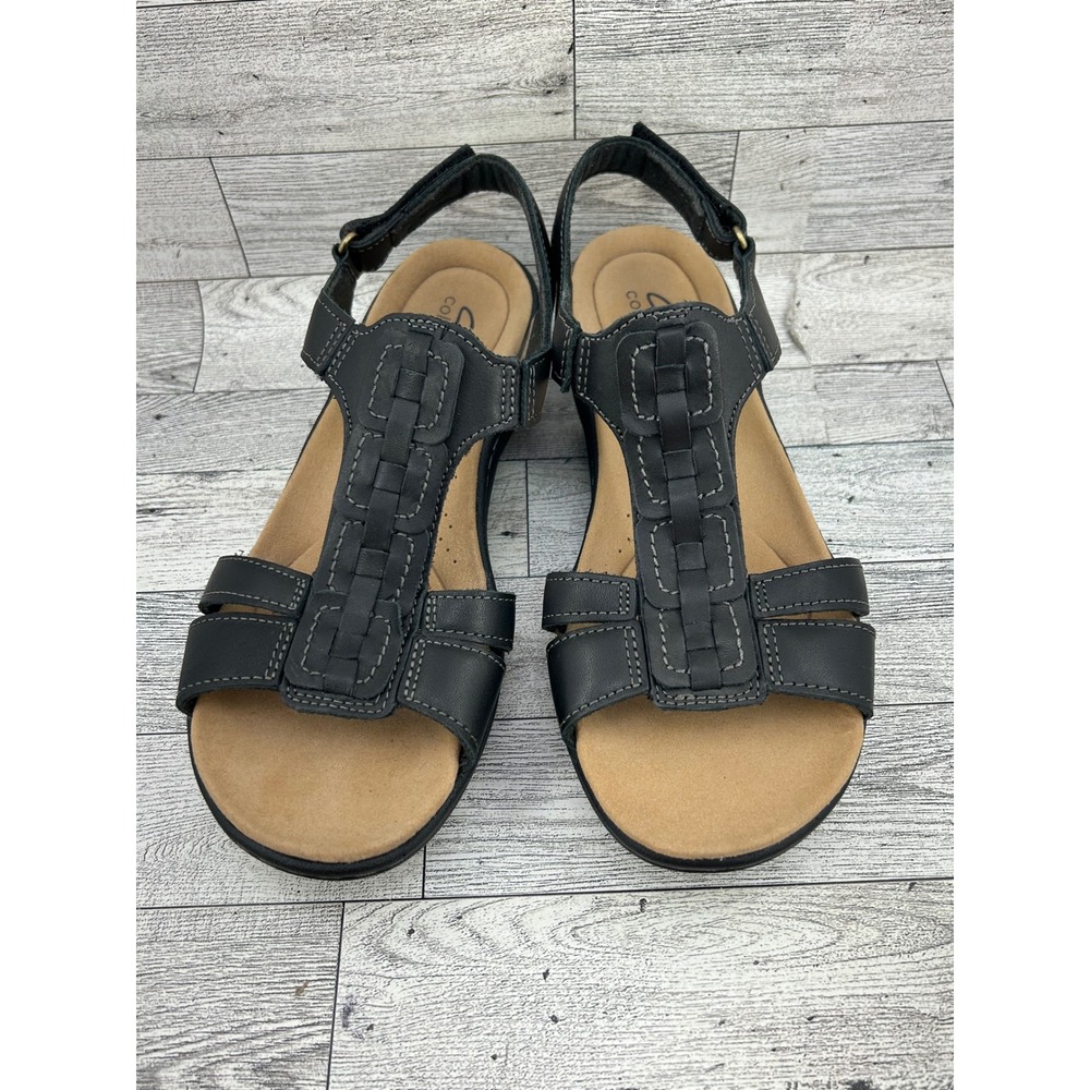 Clarks Collection Leisa Janna Black Leather T-Strap Sandals Women Sz 7.5W Wide